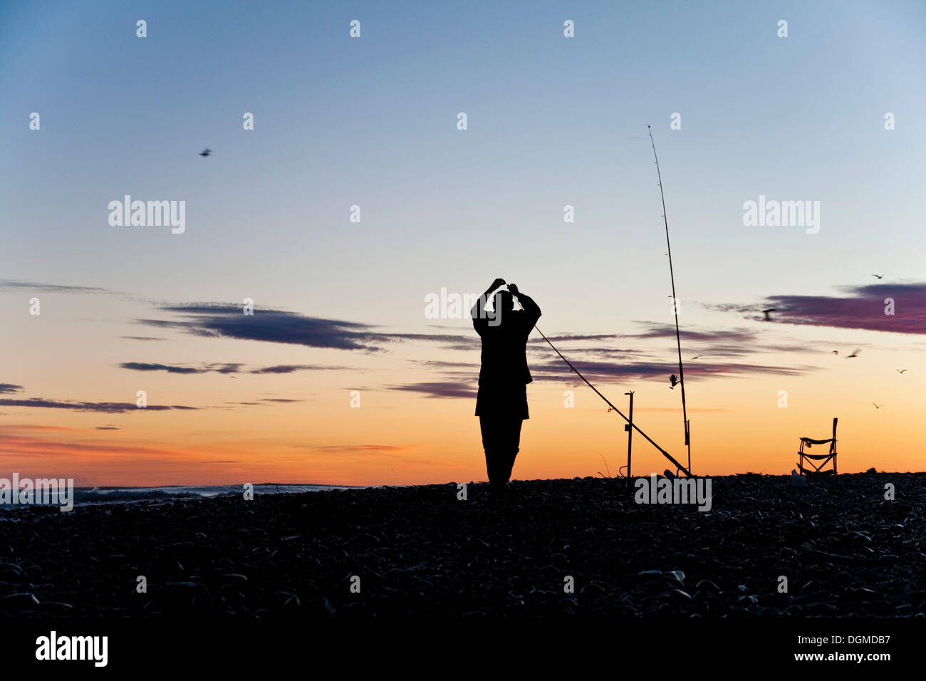 A fisherman at dawn, Cape Kidnappers, Hawke's Bay, New Zealand Stock Photo