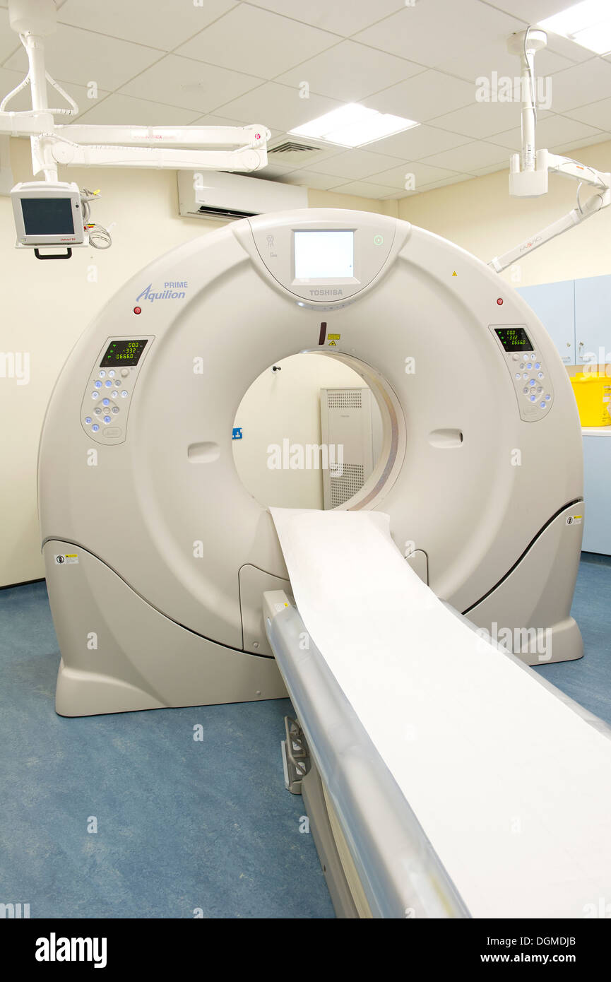 A new CT Scanner at Tameside General Hospital is ready for the next patient. Stock Photo