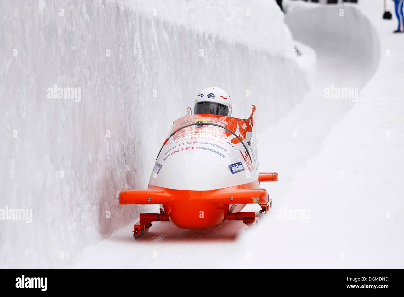 Two-man bobsled, natural ice rink, World Cup St. Moritz 2010, Engadin, Switzerland, Europe Stock Photo