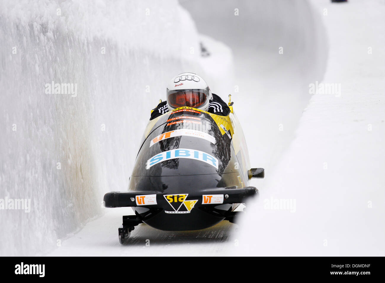 Swiss bobsled, natural ice rink, World Cup St. Moritz 2010, Engadin, Switzerland, Europe Stock Photo