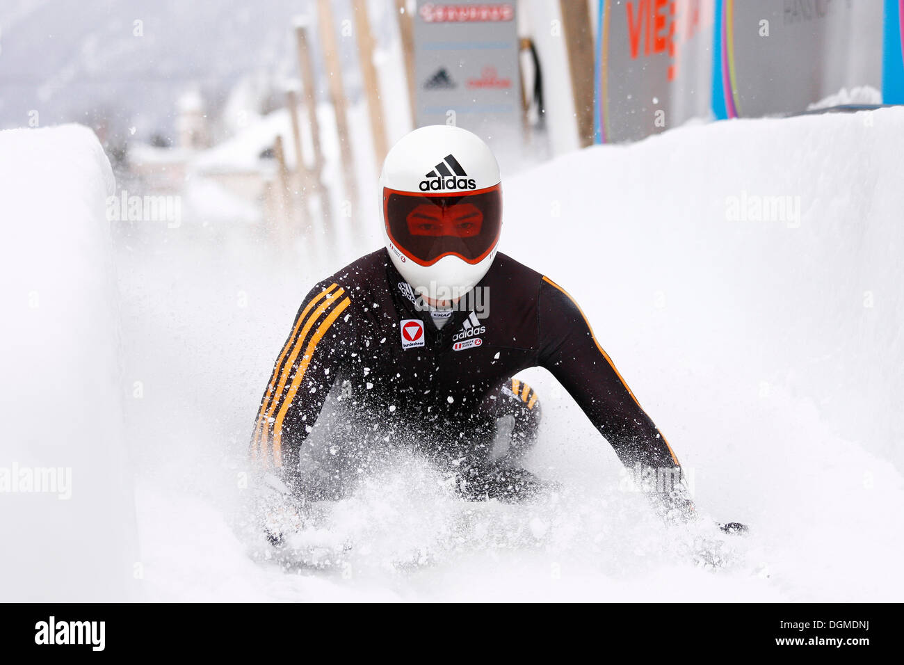 Skeleton, crossing finish line, natural ice rink, World Cup St. Moritz