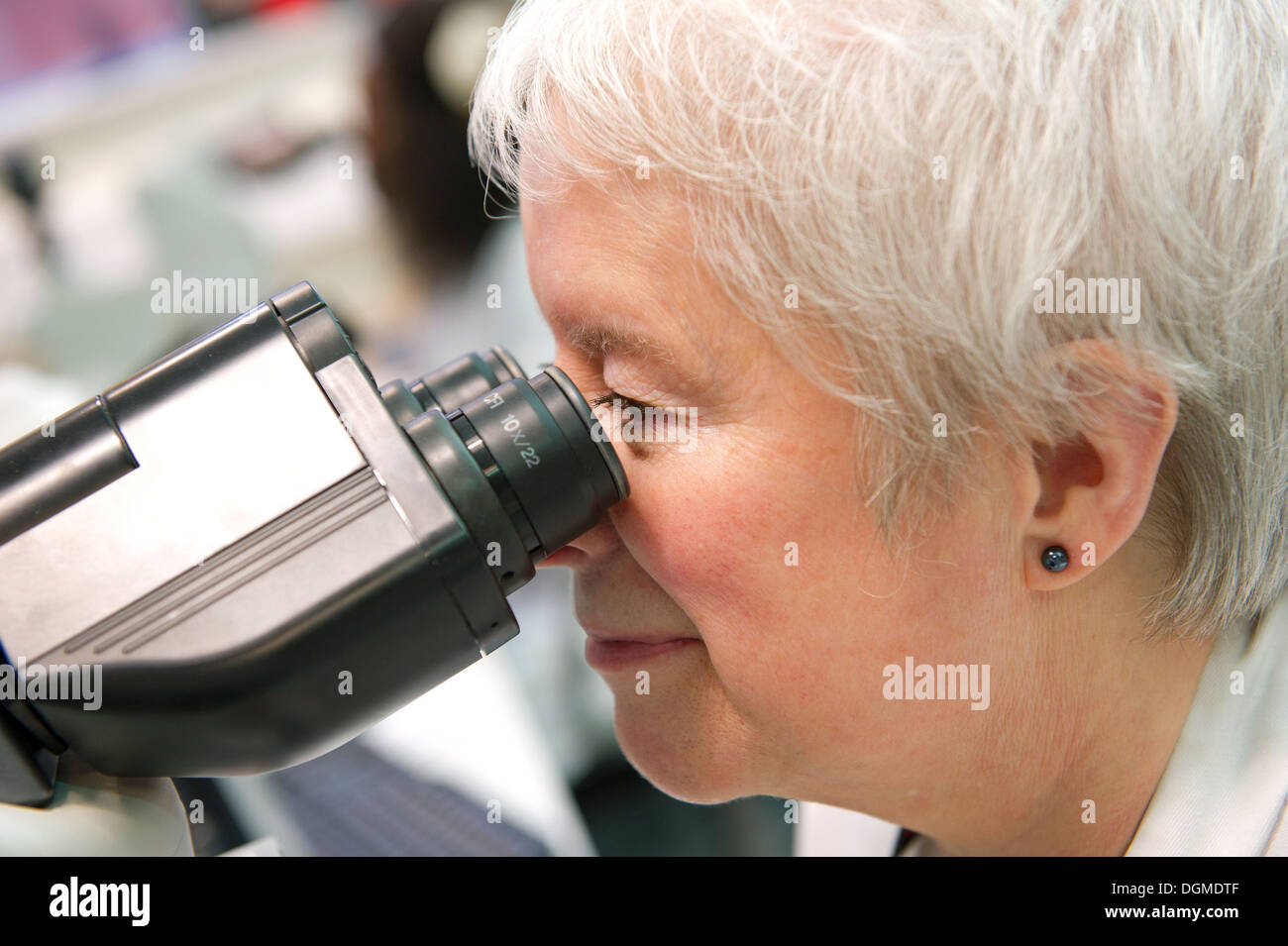 A female Laboratory Technician examines slides containing bacteria on a Microscope at Tameside General Hospital. Stock Photo