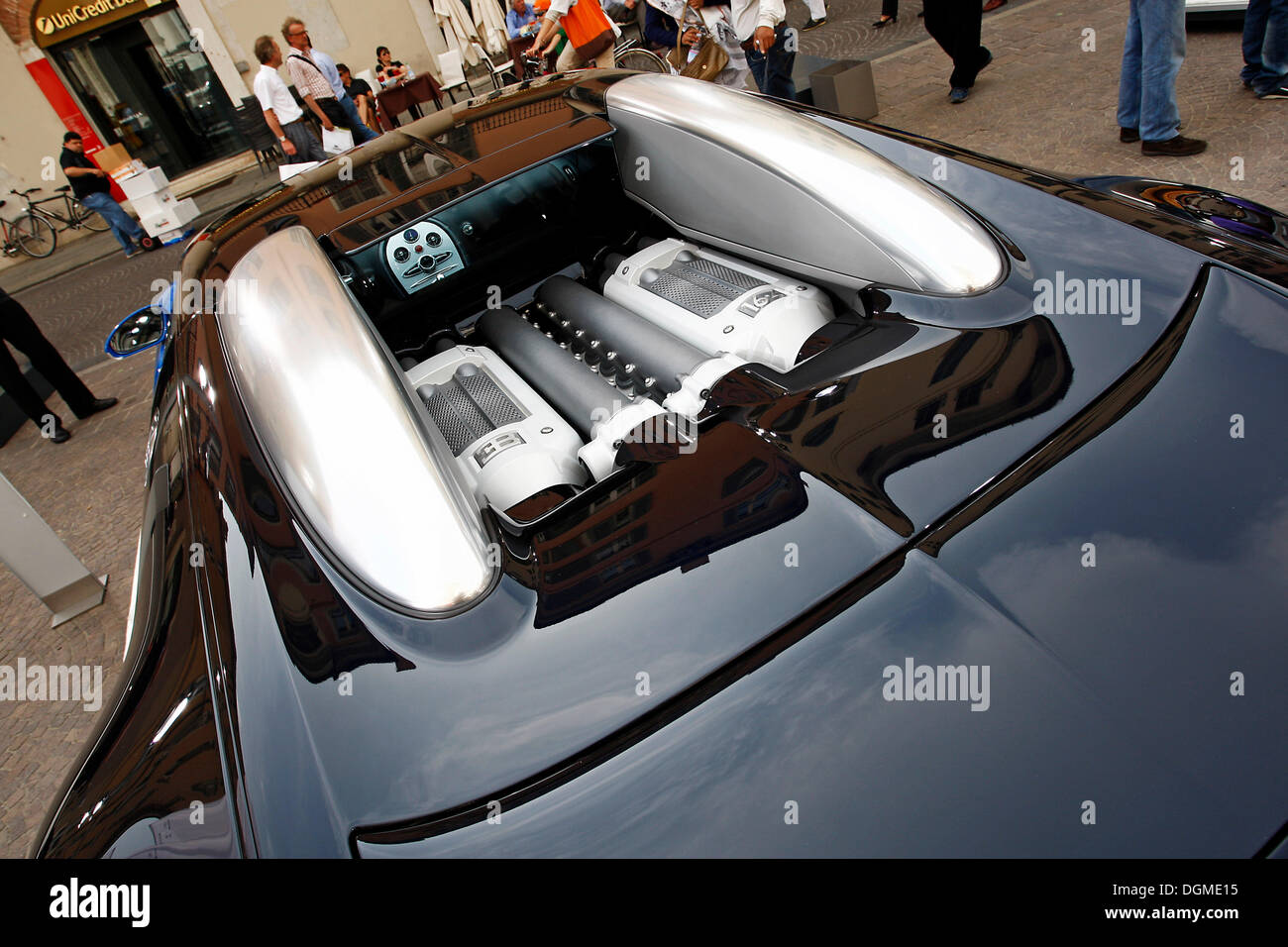 View of the engine and cockpit, Bugatti Veyron, VW exhibition, Mille Miglia 2011, Piazza Paolo VI Stock Photo