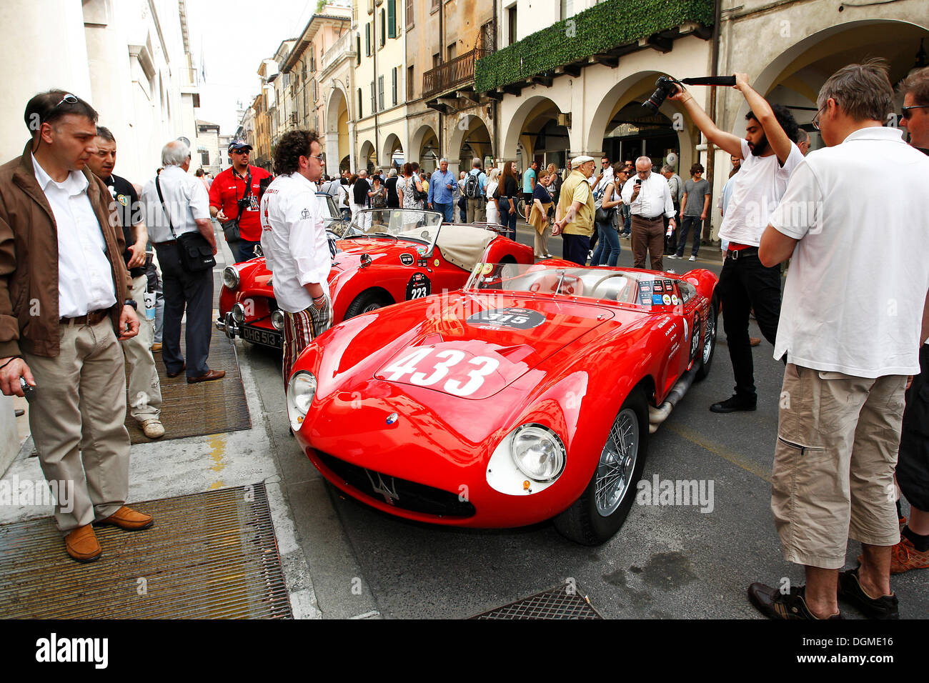 Vintage cars in the historic town centre of Brescia, with a Maserati A6 GCS in the foreground, built in 1954, Mille Miglia 2011 Stock Photo