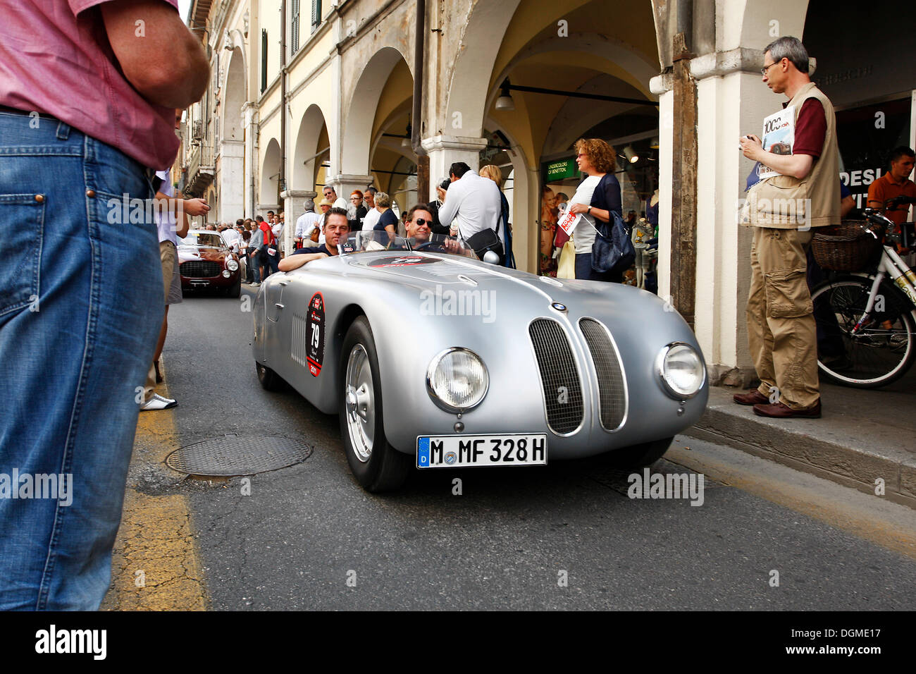 BMW 328 Touring Roadster, vintage car from the BMW Museum, built in 1937, Mille Miglia 2011, historic town centre of Brescia Stock Photo