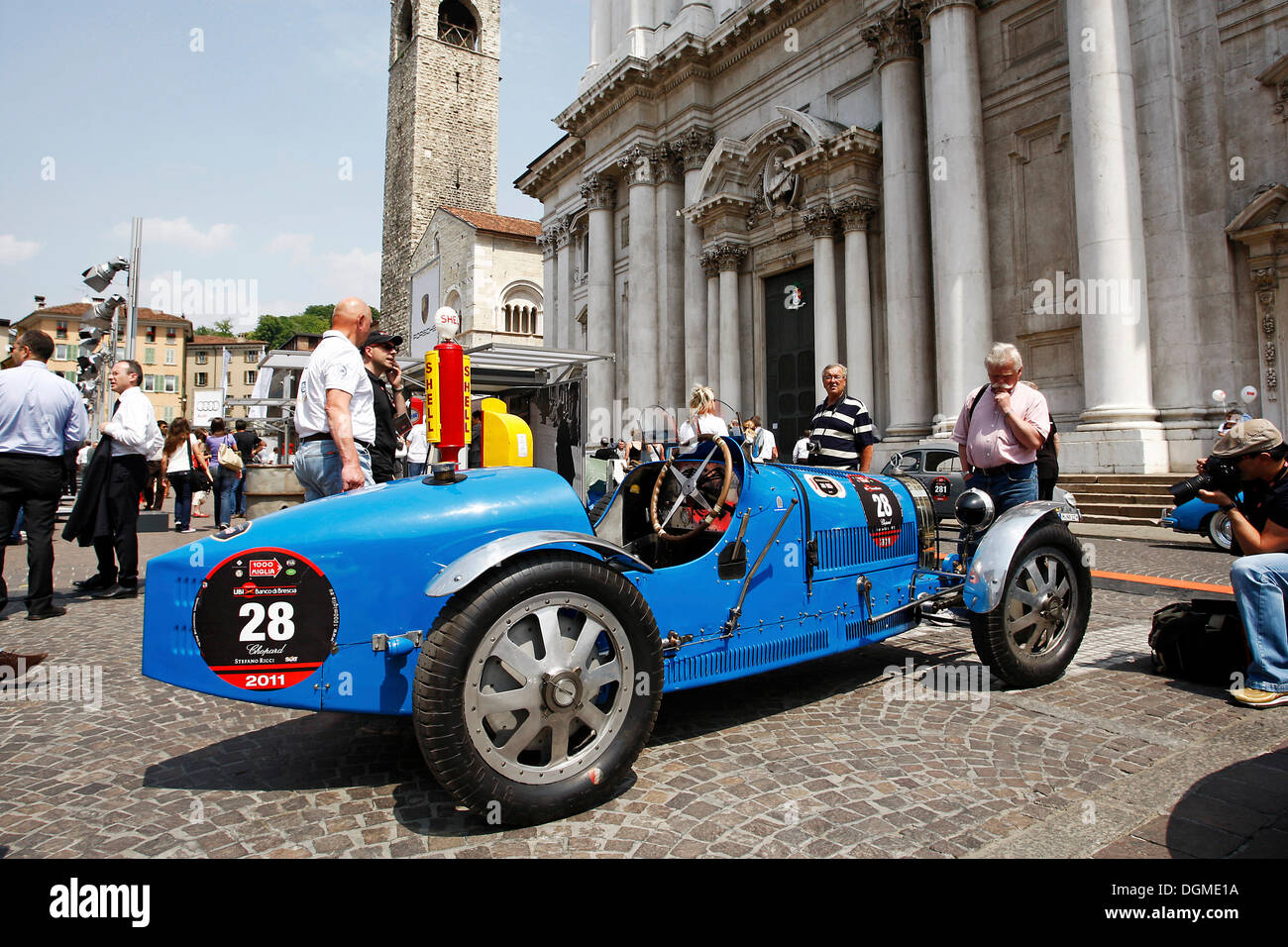 Vintage car, Bugatti T 35 T, built in 1926, in front of the Duomo Vecchio Cathedral, Piazza Paolo VI, Mille Miglia 2011 Stock Photo