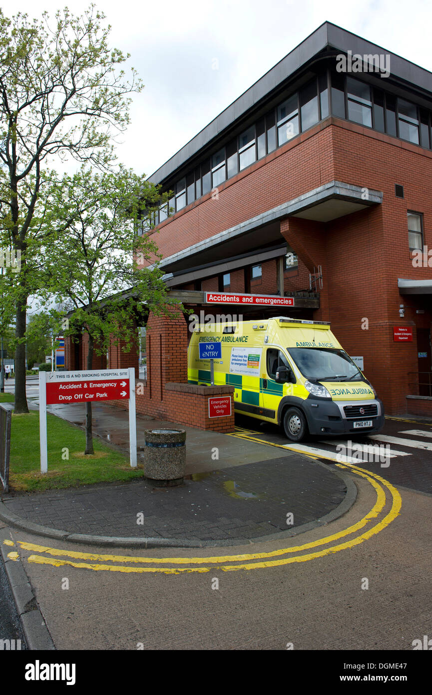 A British Ambulance sits ready at Tameside General Hospital Accident and Emergency Department. Stock Photo