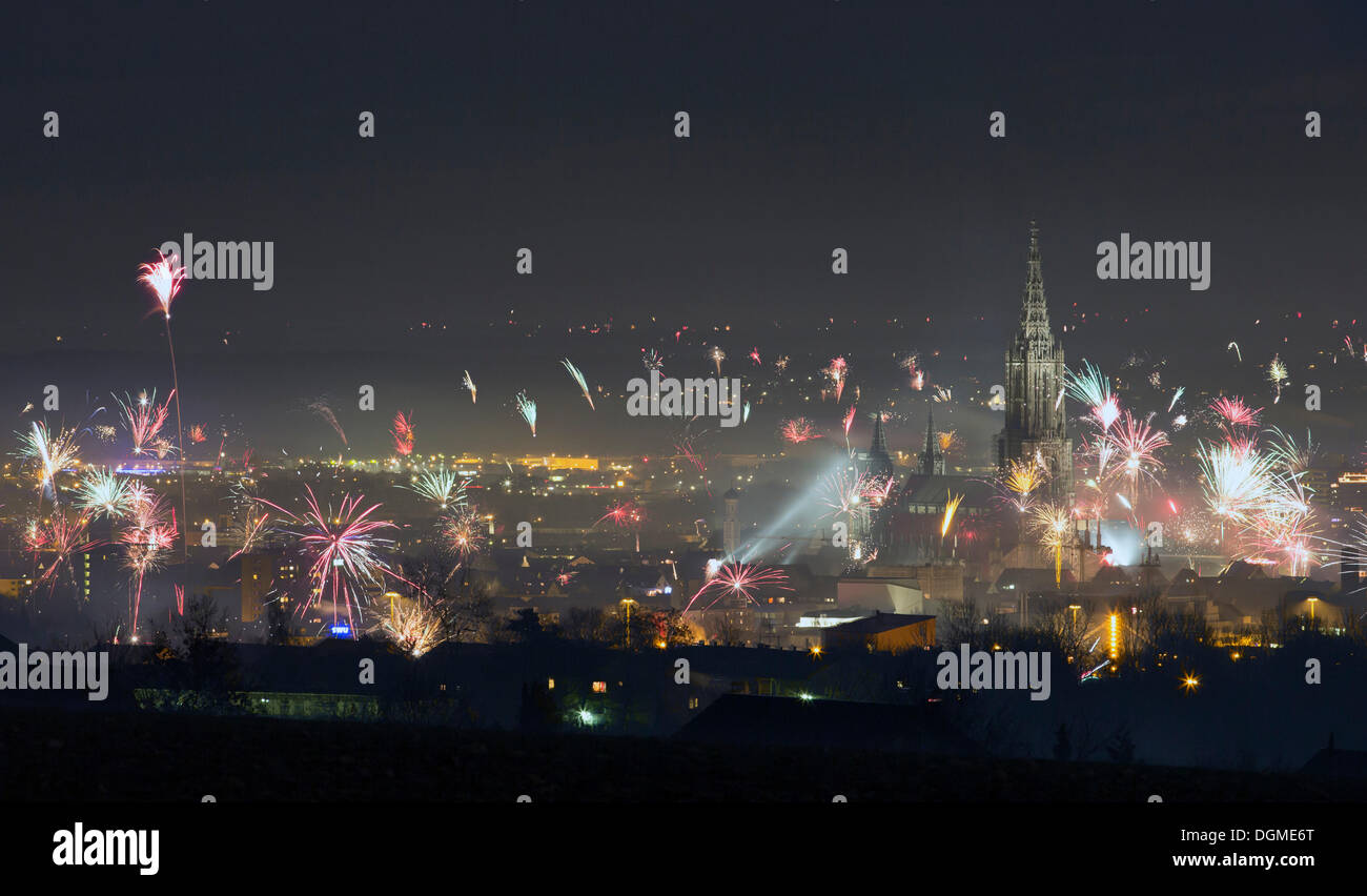 New Year's Eve fireworks, Ulm, BadenWürttemberg, Germany Stock Photo