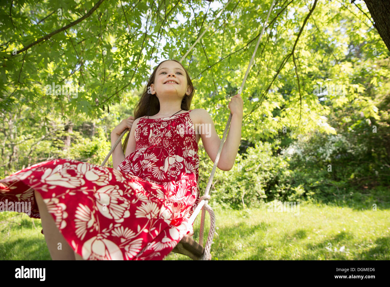 Summer. A girl in a sundress on a swing suspending from the branches of a tree. Stock Photo