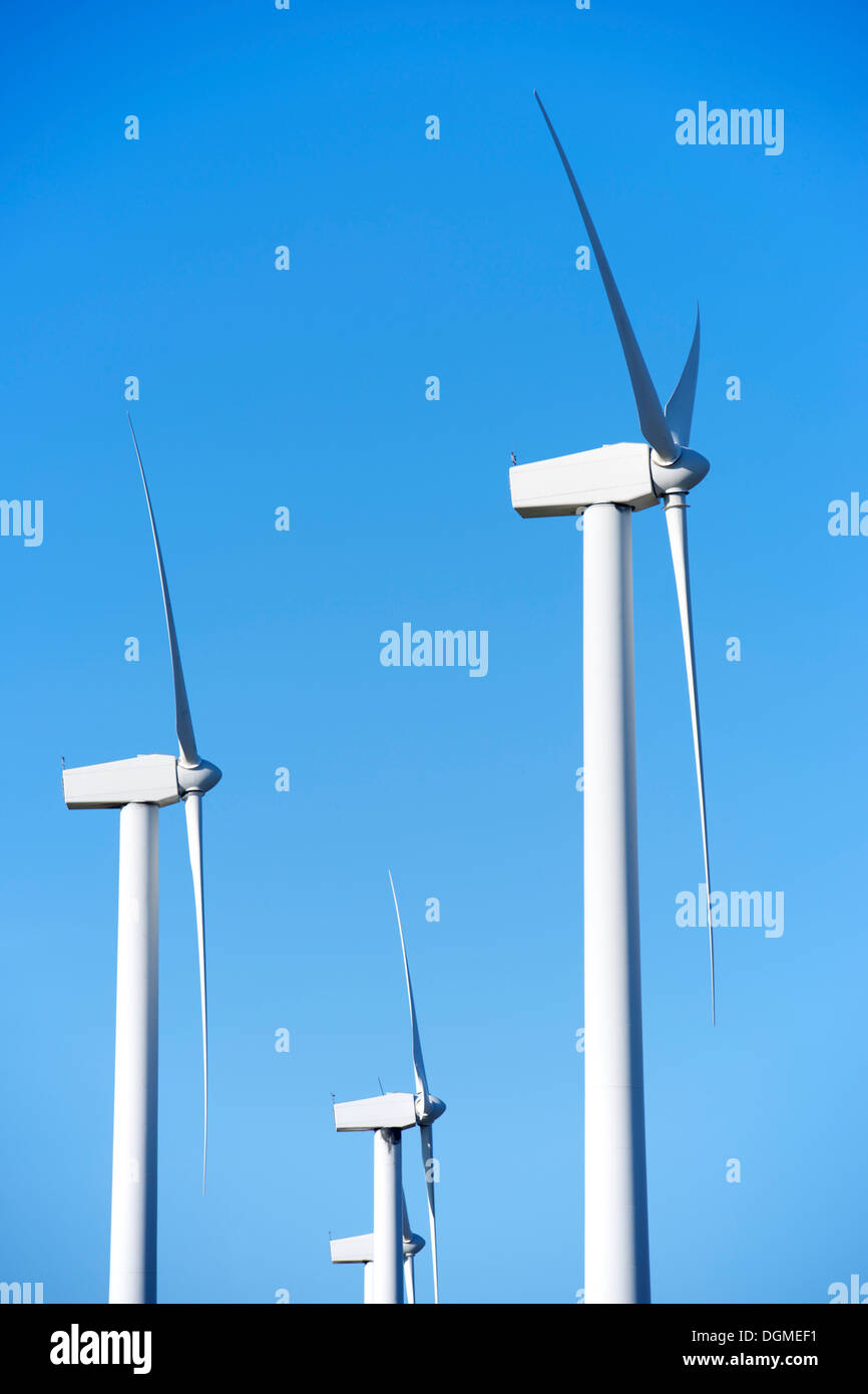 windmills for electric power production and blue sky, El Buste, Zaragoza, Aragon, Spain Stock Photo