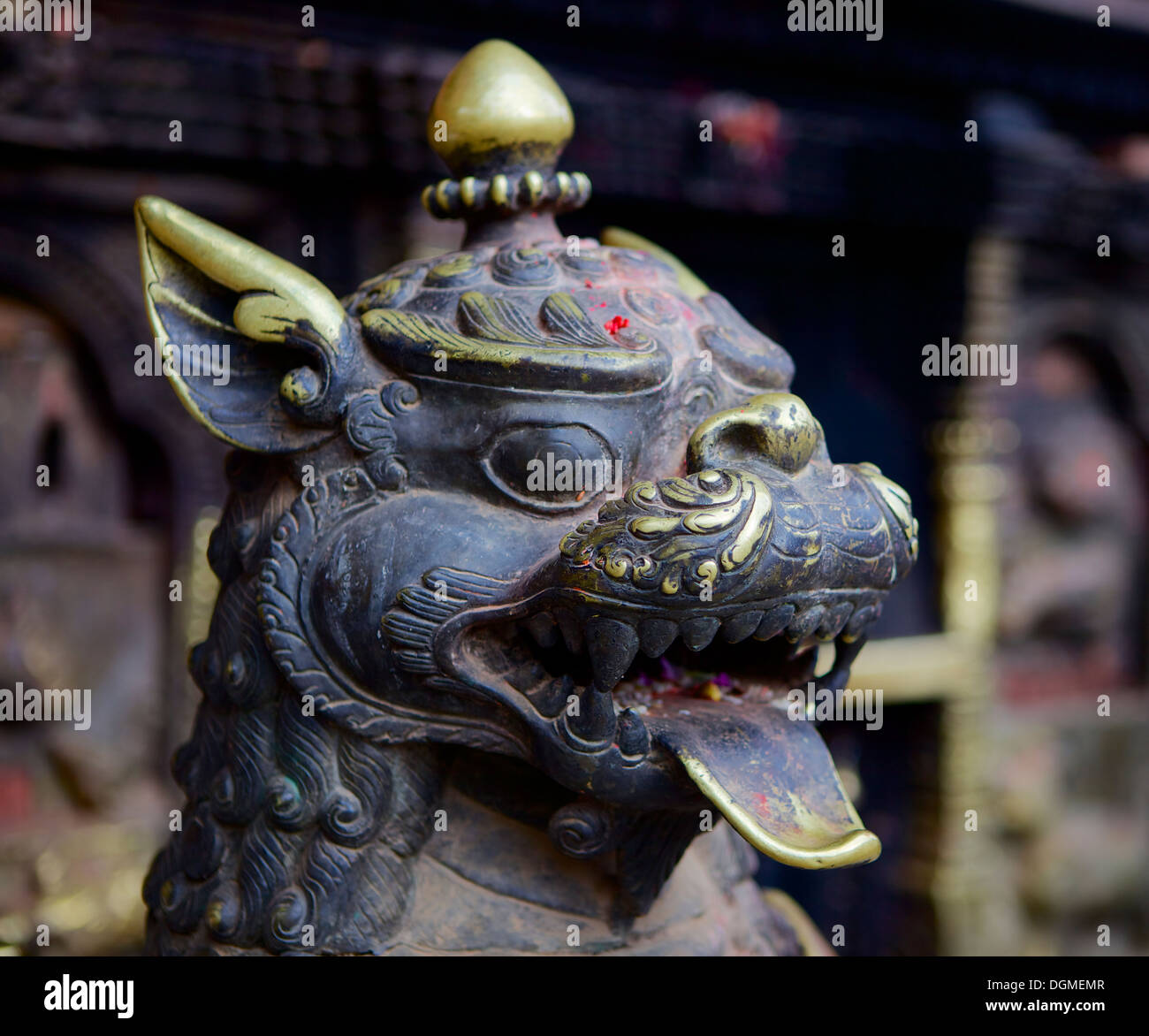 Metal lion statues guard a temple from evil spirits hires stock