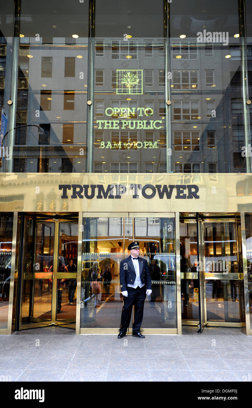 Doorman standing in front of the Trump Tower, Manhattan, New York City, New York, United States of America, USA, North America Stock Photo