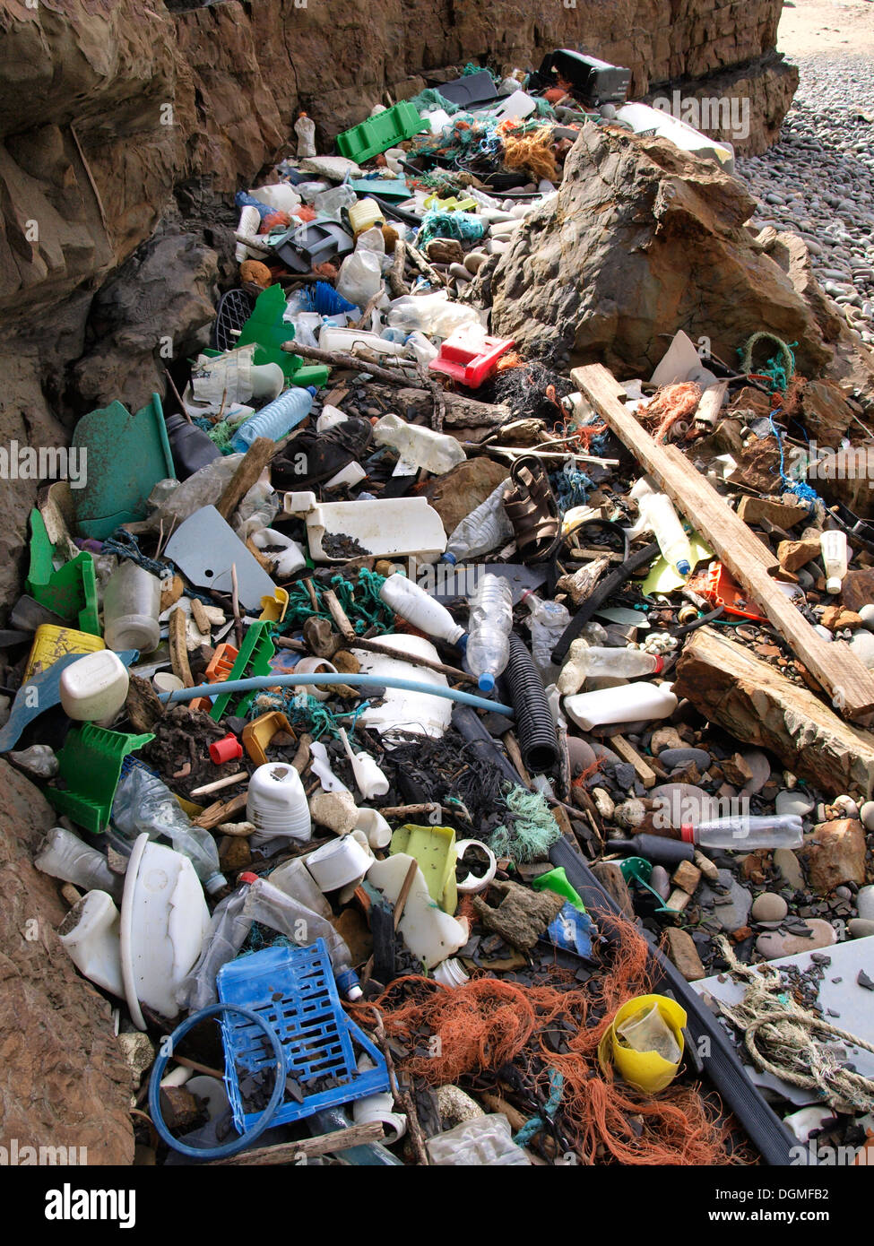 Plastic flotsam and jetsam washed up on a Cornish beach, Bude, Cornwall, UK Stock Photo