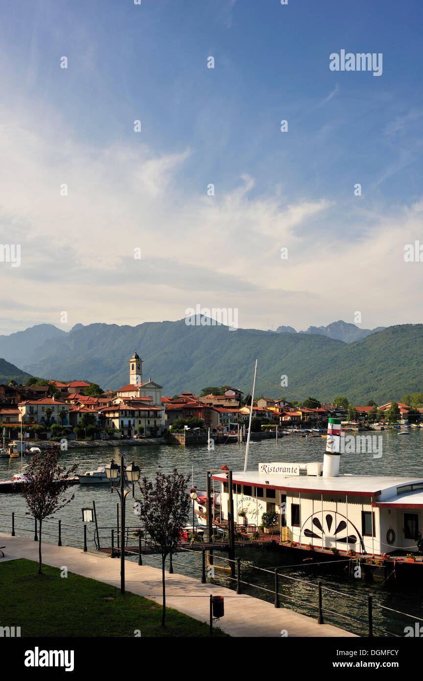 Townscape with a paddle steamer ship restaurant, Feriolo, Lake Maggiore, Piedmont, Italy, Europe Stock Photo