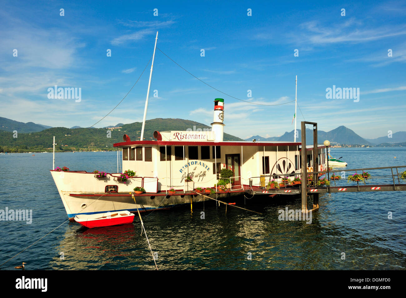 Paddle steamer as a ship restaurant, Feriolo, Lake Maggiore, Piedmont, Italy, Europe Stock Photo