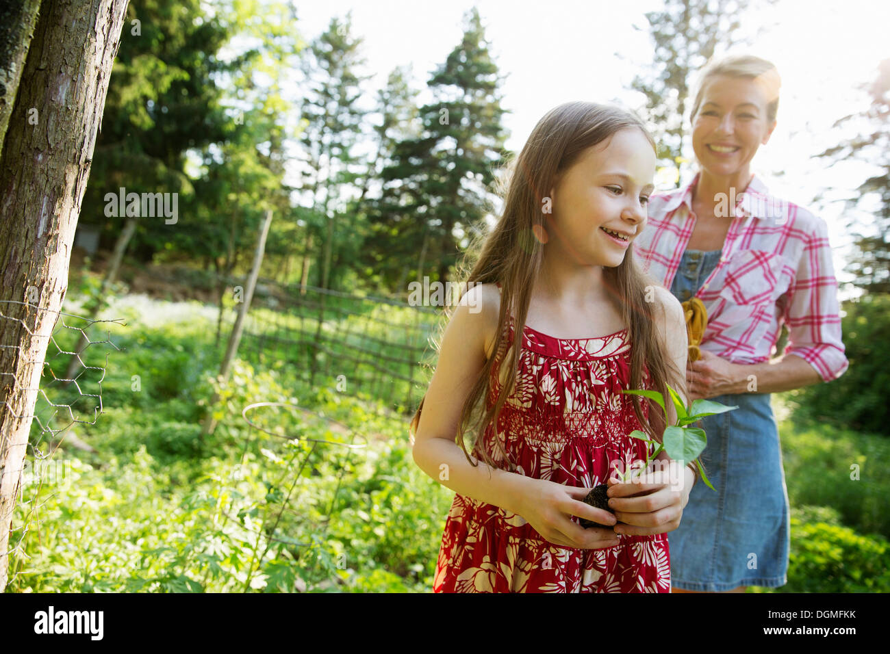 A young girl holding a seedling plant, and walking through the gardens of the farm with an adult woman following. Stock Photo