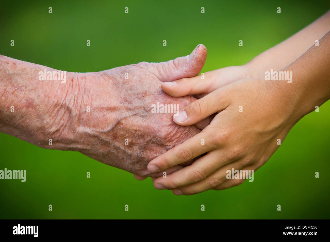 Elderly woman and a child holding hands Stock Photo
