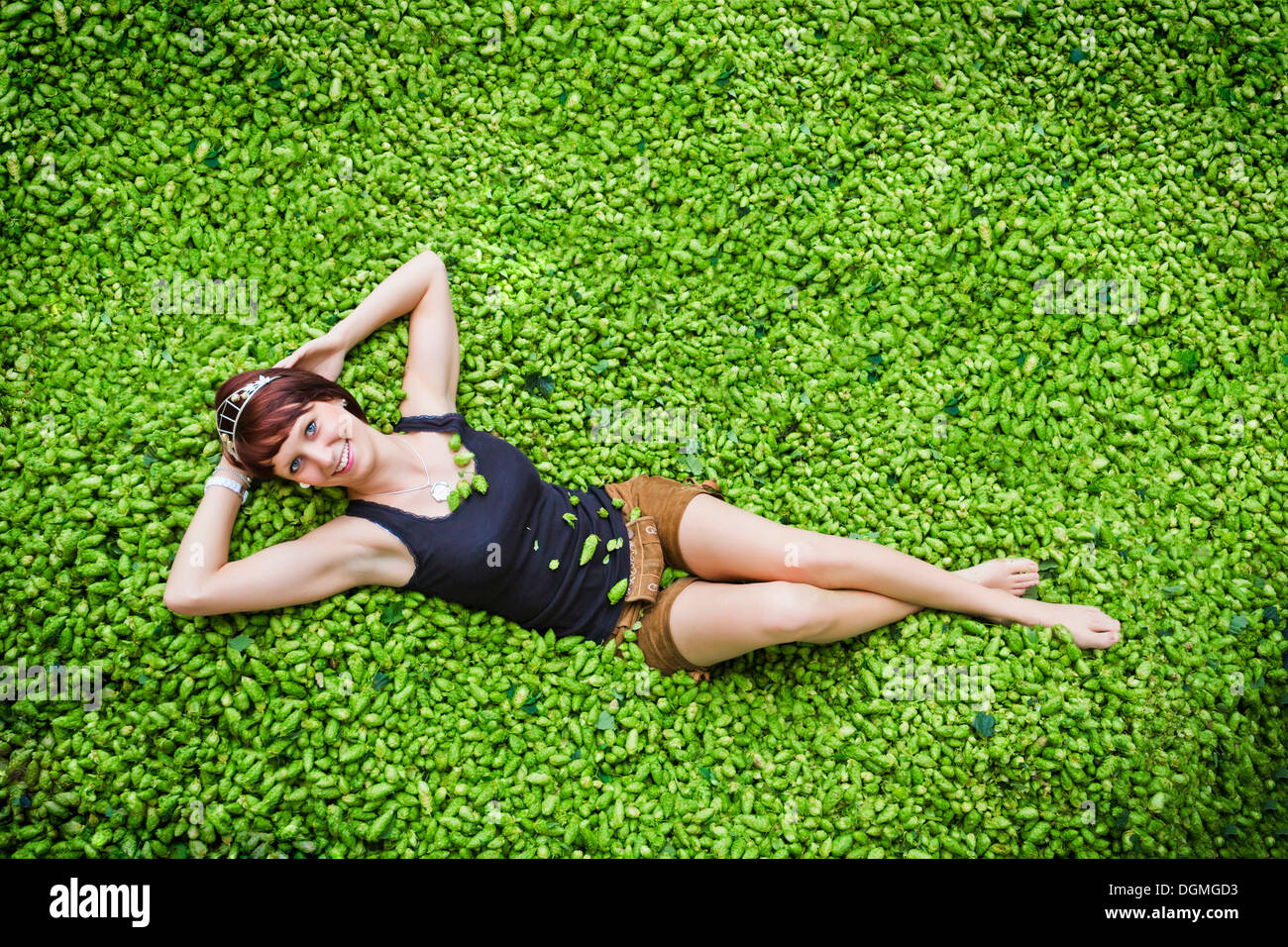 Young woman, Hop Vicequeen, in short leather pants and a hop crown lying on hops, hop harvest at Hallertau Stock Photo