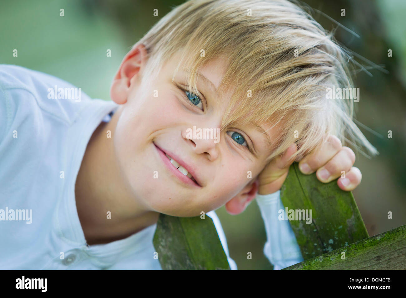 Boy, 9 years old, holding on to a wooden fence Stock Photo
