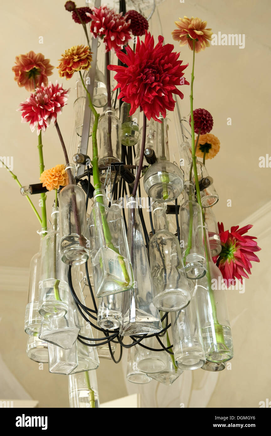 Tulip vases hand-tied into an overhead display bower Stock Photo