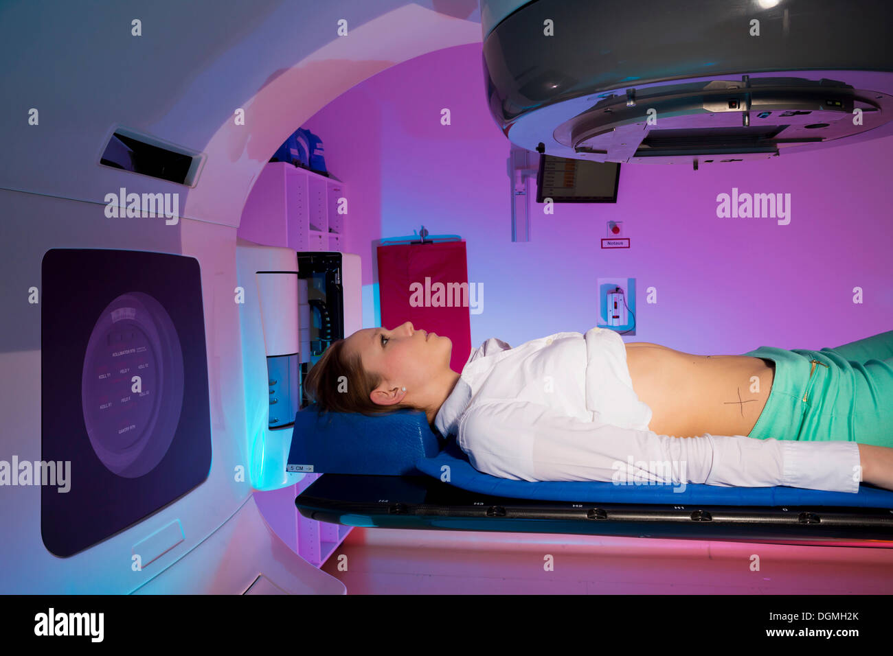 Patient lying in a linear particle accelerator for radiation treatment ...