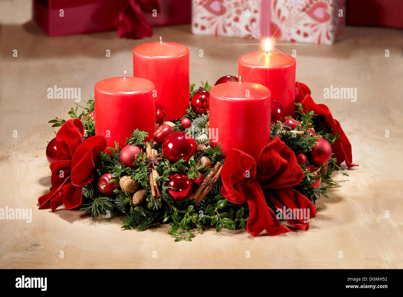 Advent wreath with one candle burning for the first week of Advent Stock Photo