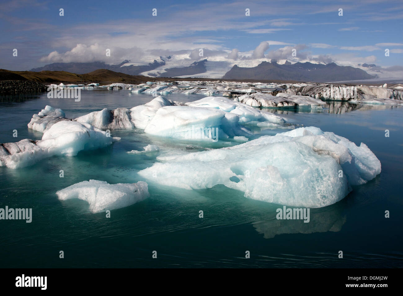 Joekulsárlón, glacier lake or lagoon, Vatnajoekull Glacier at back, south coast, Iceland, Europe Stock Photo