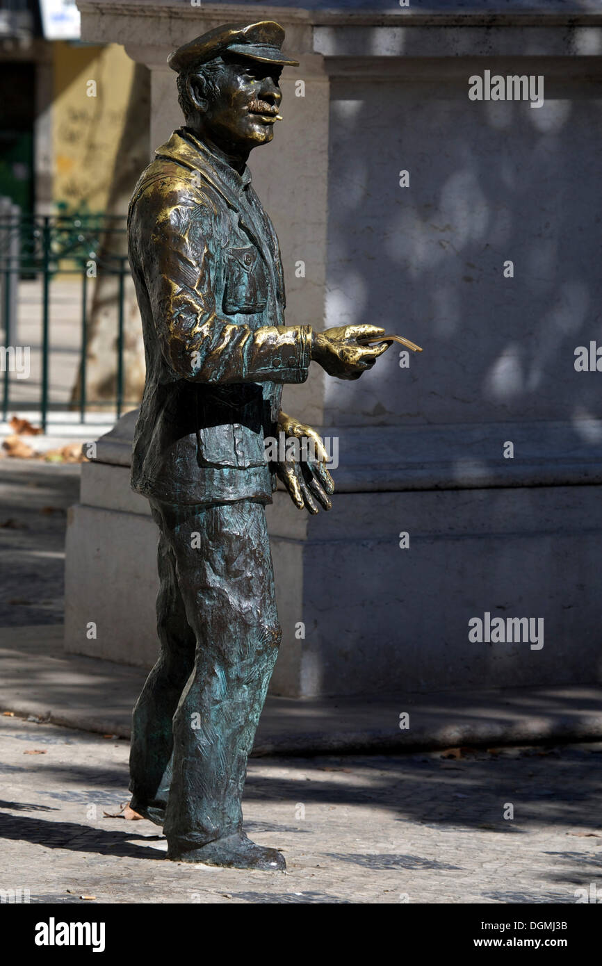 Bronze statue of a lottery vendor on Largo Trindade Coelho square in the Bairro Alto, Chiado, Lisbon, Portugal, Europe Stock Photo