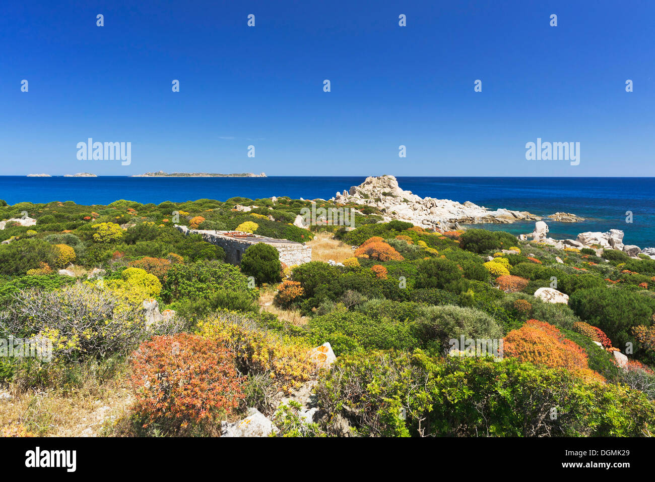 House and Macchia shrubland on the beach of Punta Molentis, Villasimius, Sarrabus, Cagliari province, Sardinia, Italy, Europe Stock Photo