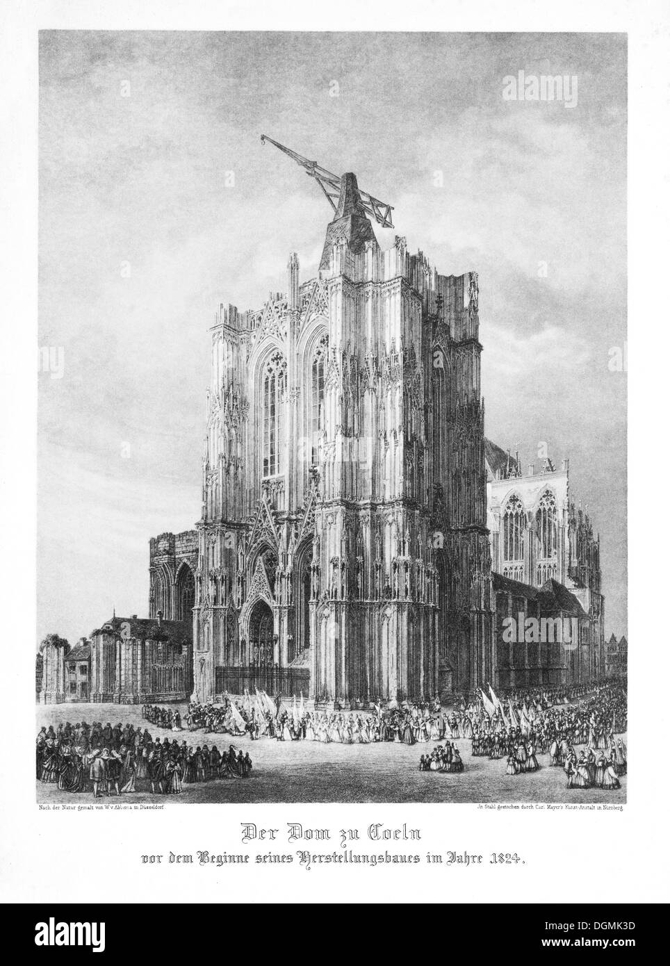 Historical engraving, Cologne Cathedral with a crane, by Wilhelm von Abbema in 1824, engraved in steel by Carl Mayer Art Stock Photo