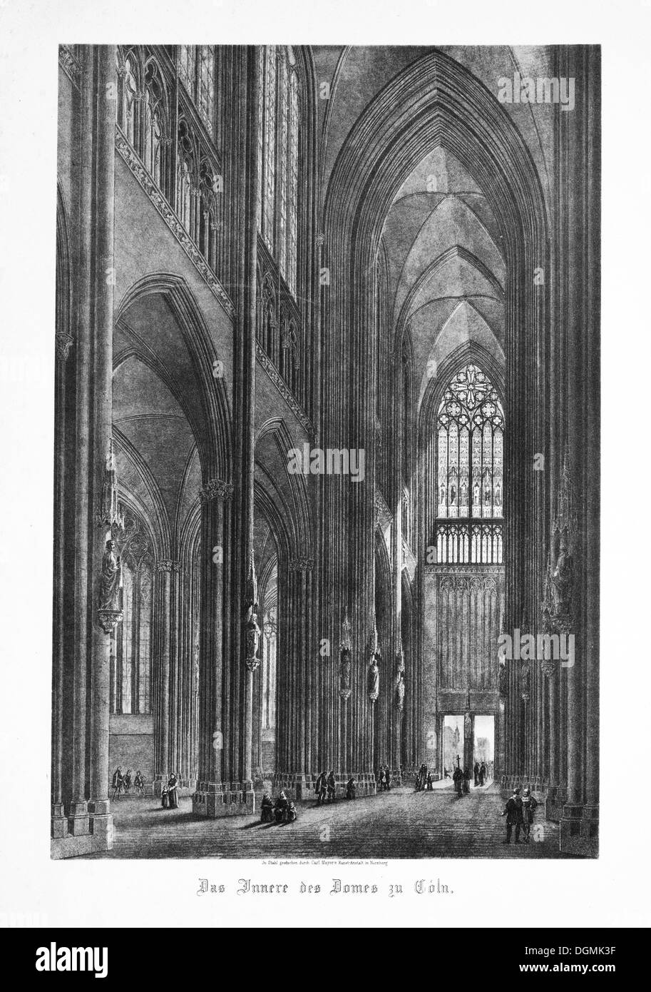Historical engraving, interior of Cologne Cathedral around 1880, engraved in steel by Carl Mayer Art Institute, Nuremberg, Stock Photo