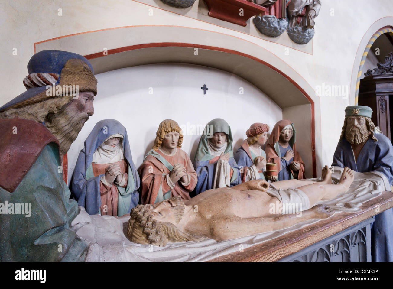 Holy grave, depiction of the Entombment of Christ, around 1500, with seven small tuff statues, Romanesque-Gothic Abbey Church of Stock Photo