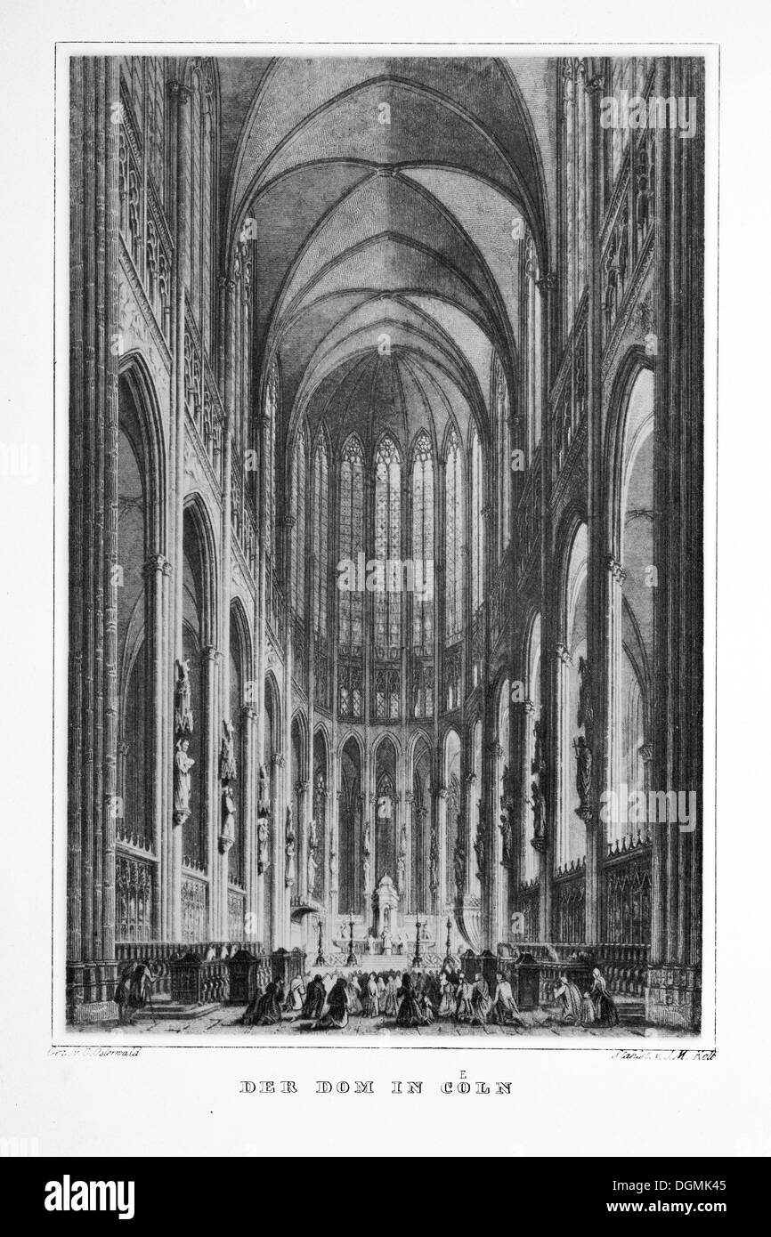 Historic engraving depicting Cologne Cathedral, drawn by G. Osterwald, steel engraved by J.M. Kolb, Gothic style, historicism Stock Photo