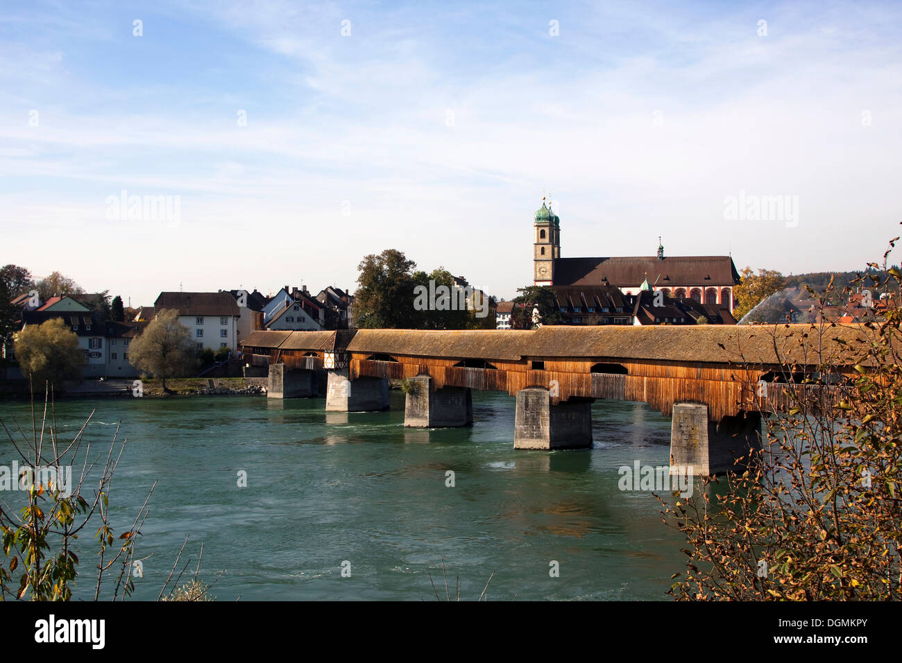 Saeckinger Bridge, longest covered wooden bridge in Europe, crossing over the Rhine River between Bad Saeckingen in Germany and Stock Photo