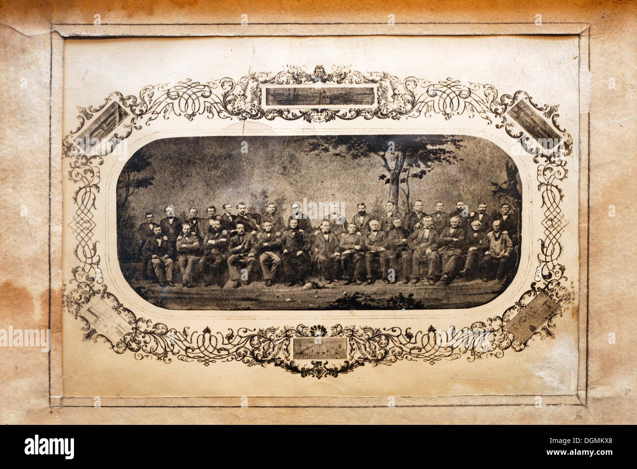 Yellowed historic photography, senior executives of the first ironworks in the Ruhrgebiet region, St. Antony-Huette ironworks, Stock Photo