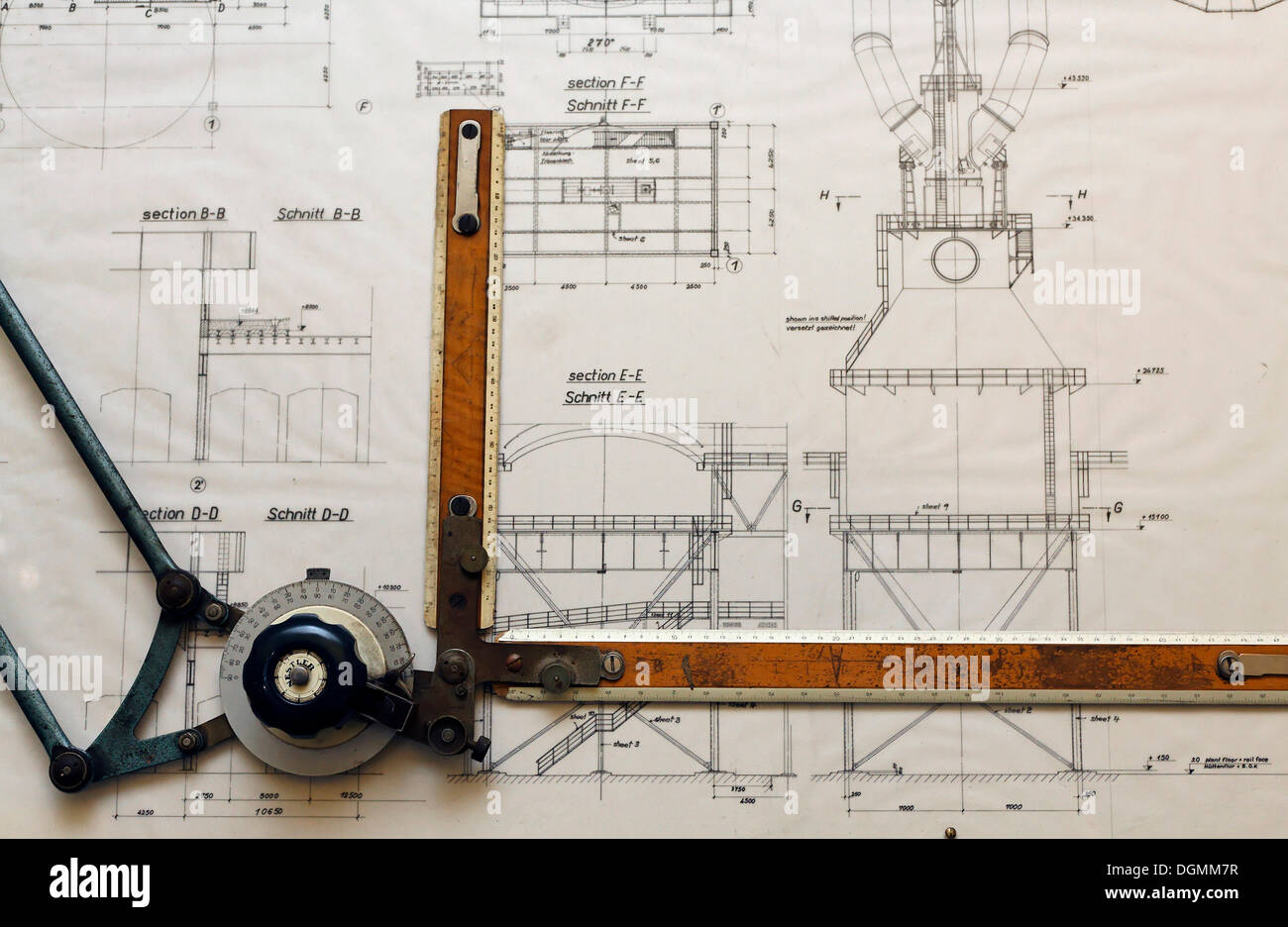 Design drawing of a dust catcher for a blast furnace, drawing board of the construction department of the Gutehoffnungshuette Stock Photo