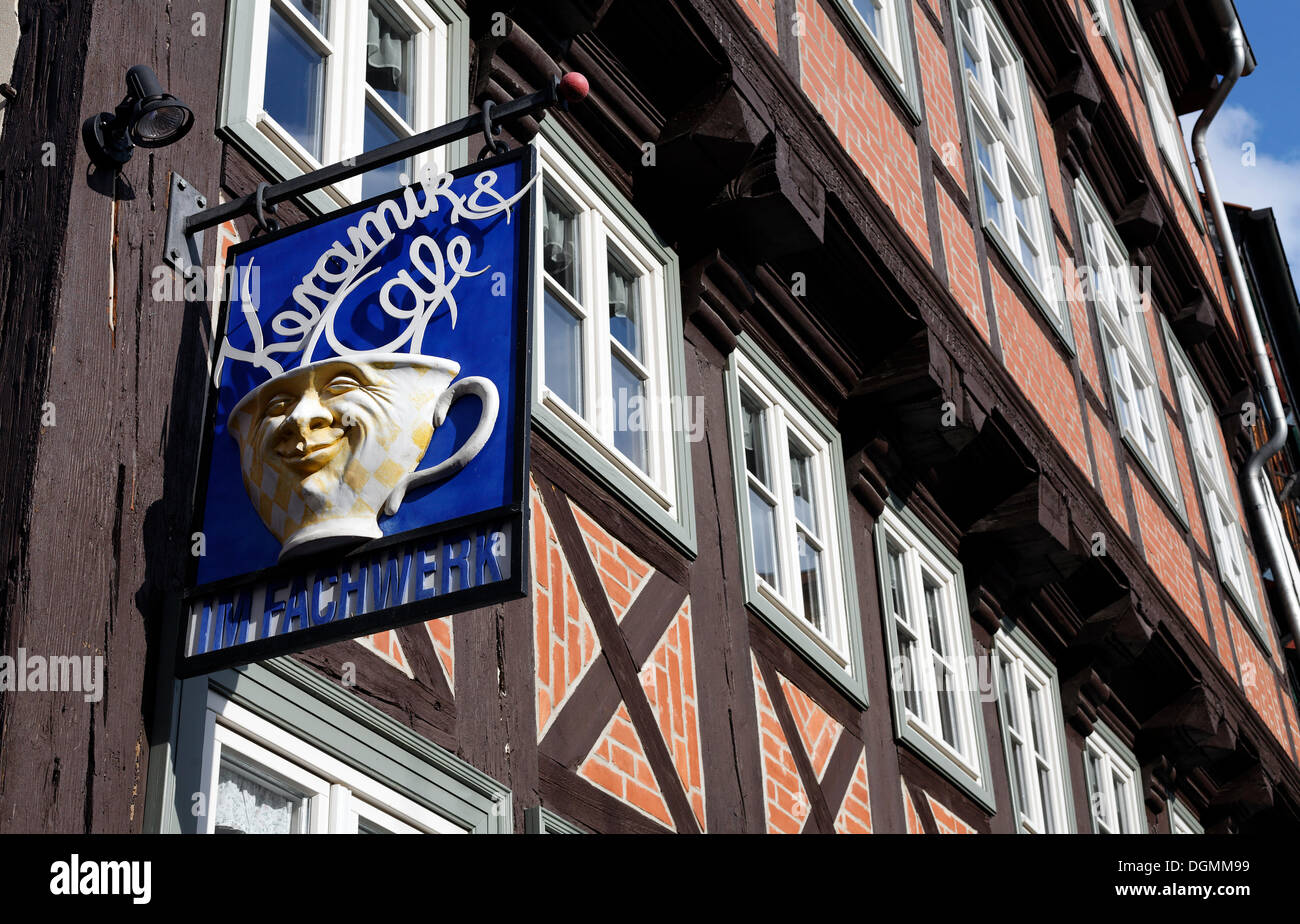 Cafè-sign made of ceramic, on a half-timbered house from the 17th century, Stieg, Quedlinburg, Harz, Saxony-Anhalt Stock Photo