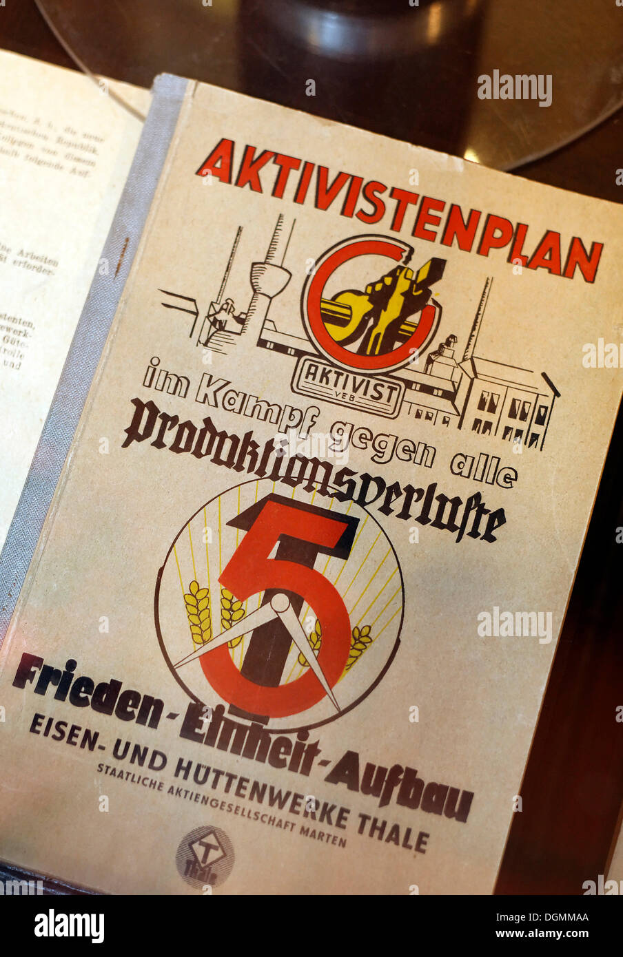 Political pamphlet against production losses, 5-year plan of the GDR, Huettenmuseum Thale ironworks museum, Thale, Harz Stock Photo