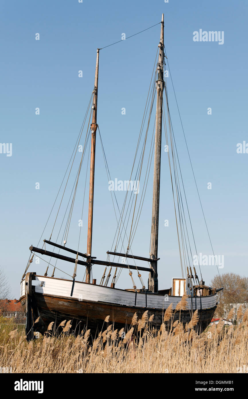 Historic two-mast gaff-rigged schooner, exhibit at the port of the resort town of Zingst, Fischland-Darss-Zingst, Baltic Sea Stock Photo