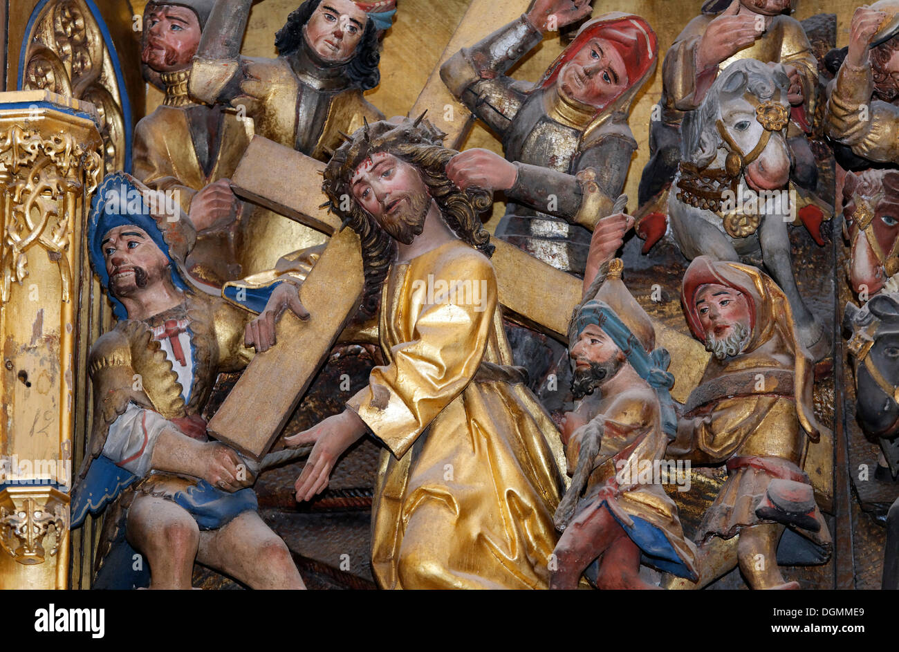 Carved figure of Christ bearing the Cross, Heiligentaler altar, St. Nicolai church, Lueneburg, Lower Saxony Stock Photo