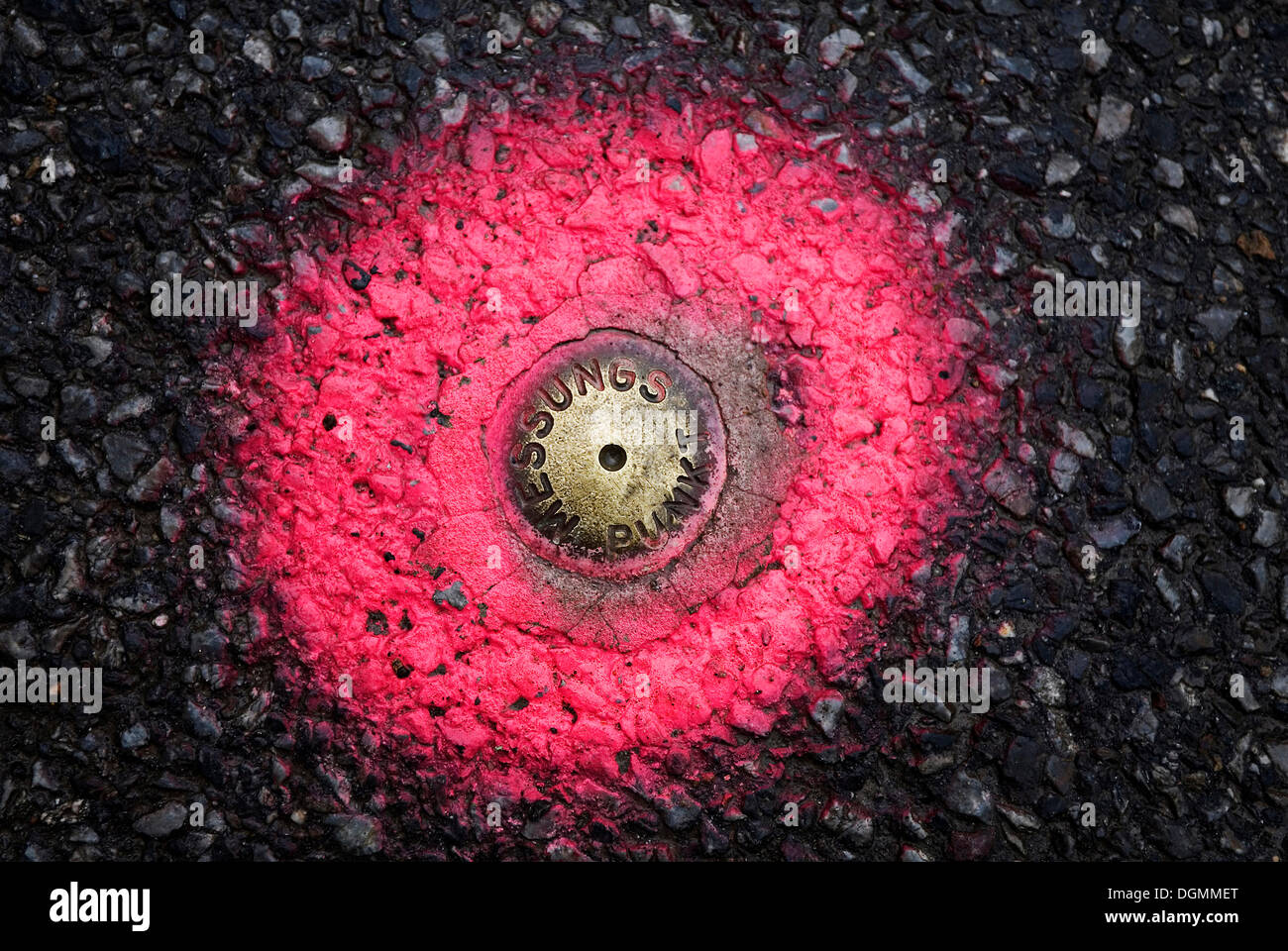 A fixed measurement point for surveyors, recessed in the pavement and marked with pink spray paint Stock Photo