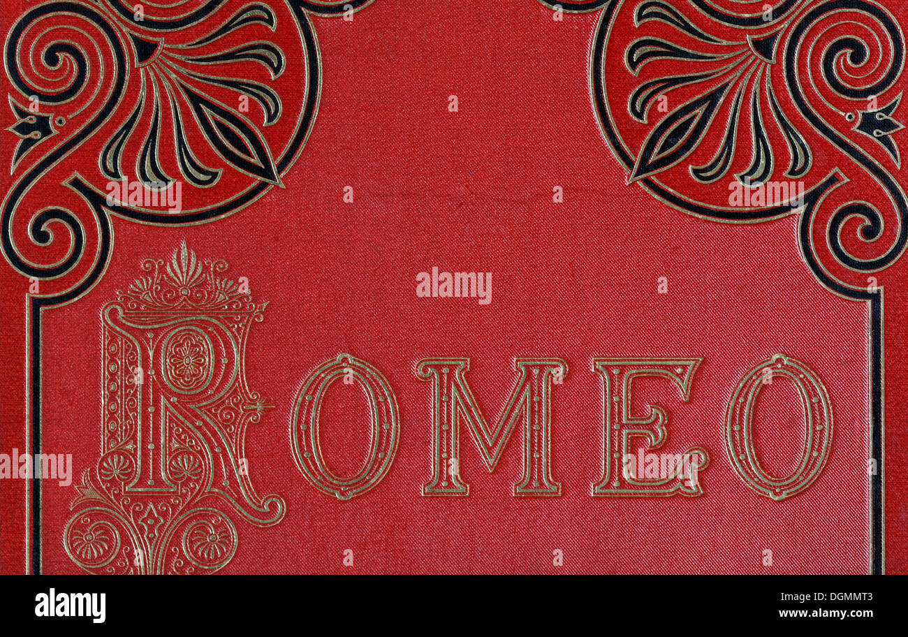 Gold embossed text, Romeo, book cover with gold embossed letters and