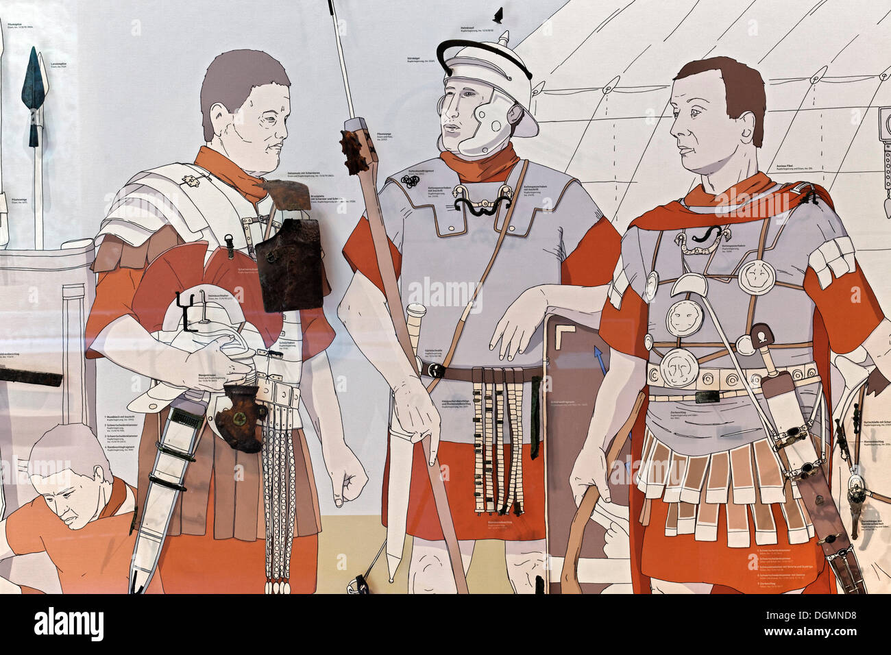 Illustration of legionaries with archaeological finds, Varus Battle or Battle of the Teutoburg Forest, Kalkriese Museum and Park Stock Photo