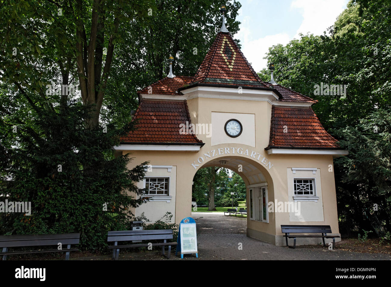 Entrance to the spa gardens, Bad Rothenfelde, Osnabruecker Land region, Lower Saxony Stock Photo