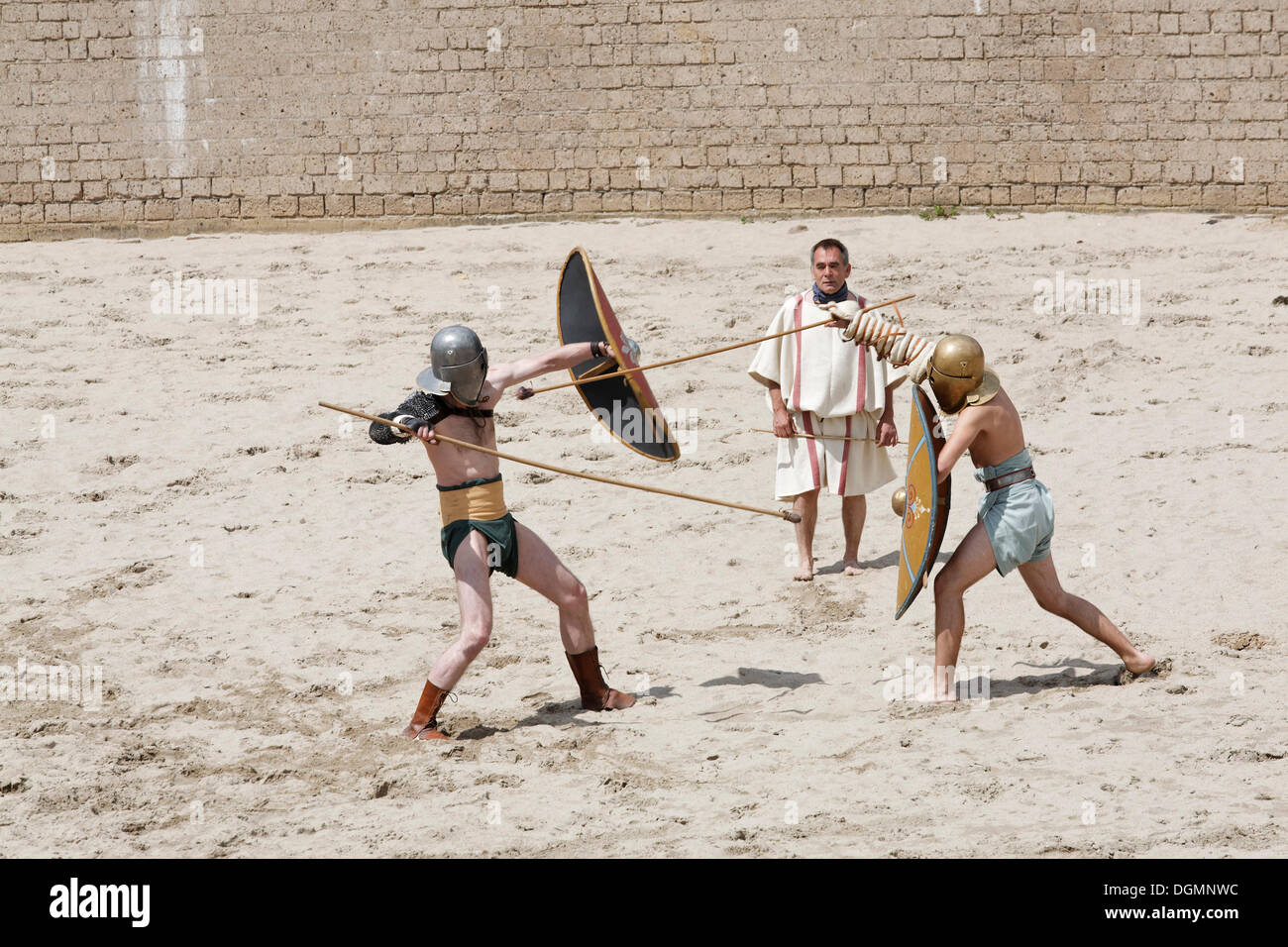 Gladiator fight, exhibition fight, Familia Gladiatoria Pulli Cornicinis by Marcus Junkelmann, Roemerfest festival 2012, stadium Stock Photo