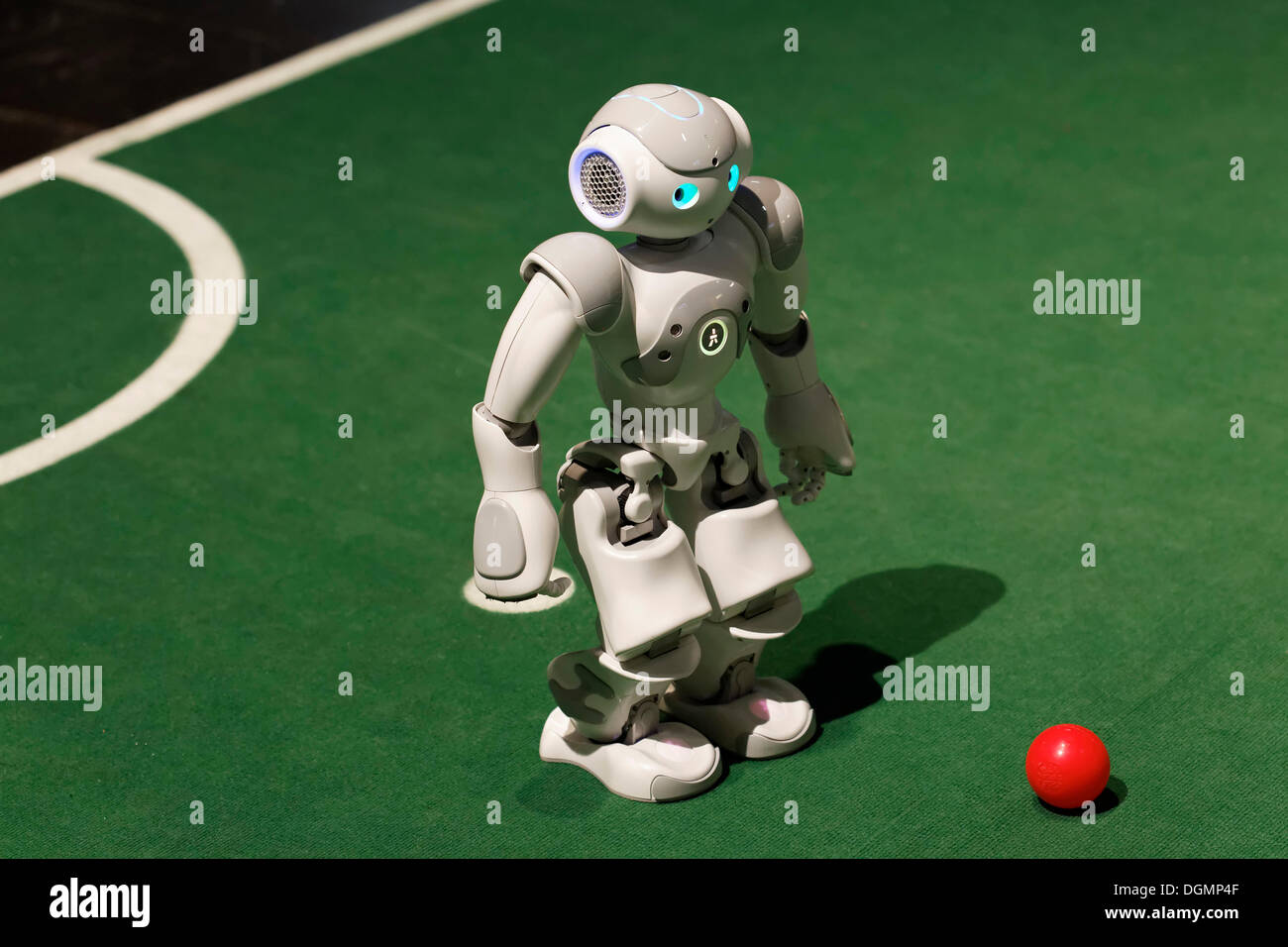 NAO playing football, a humanoid robot from Aldebaran Robotics, IdeenPark 2012, technology and education summit conference for Stock Photo