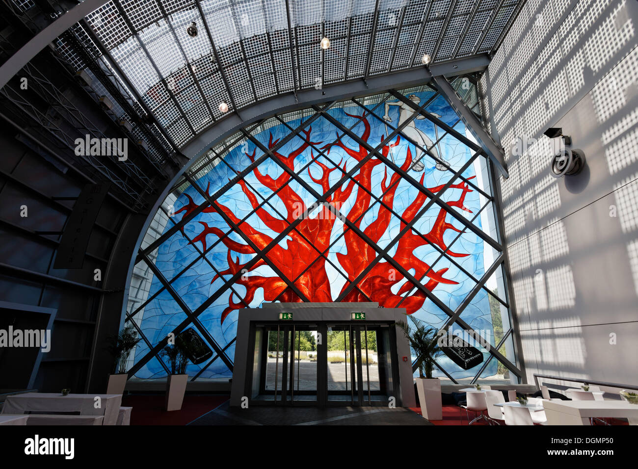 Stained-glass window by Joerg Immendorf, Galeria, Messe Essen exhibition centre, Essen, Ruhr region, North Rhine-Westphalia Stock Photo