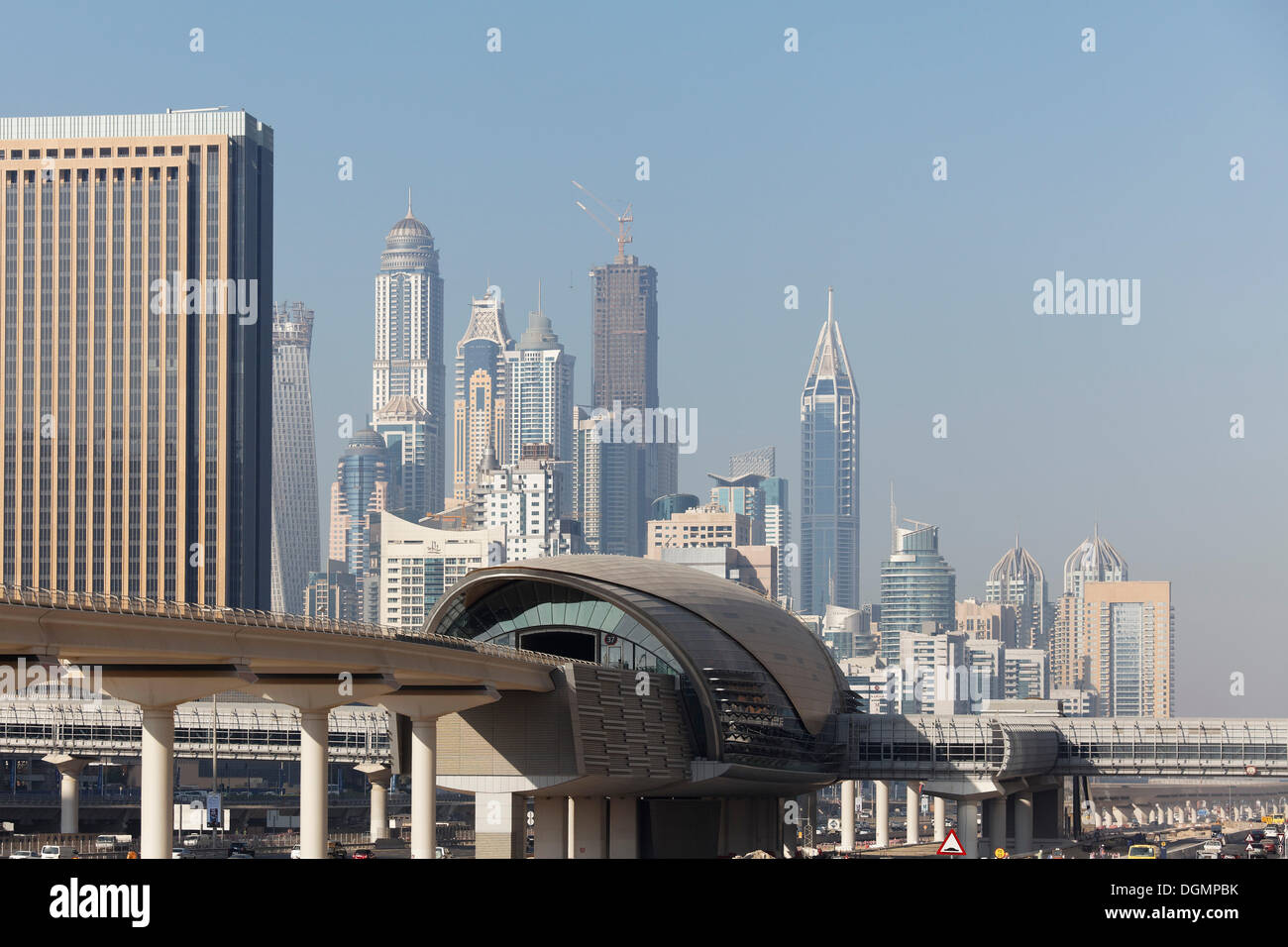 Skyline, Dubai Marina district, Jumeirah Lake Towers Metro Station, Dubai, United Arab Emirates, Middle East, Asia Stock Photo