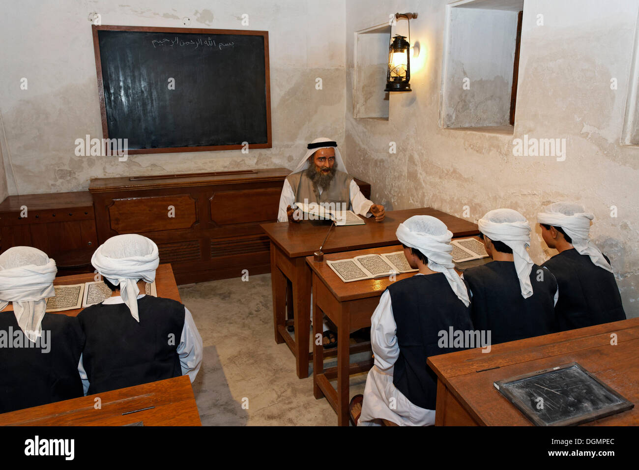 Class with Arab students and teachers, life-size figures, Al-Ahmadiya School Museum, Dubai, United Arab Emirates, Middle East Stock Photo