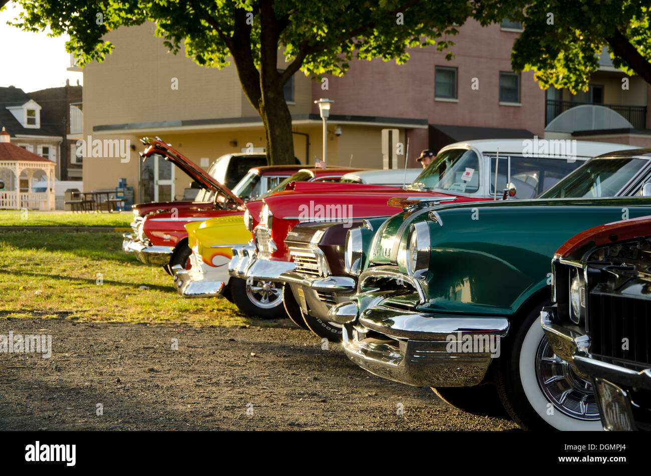 Row of classic american cars fronts during a classic historic car show in New Jersey, USA. Stock Photo
